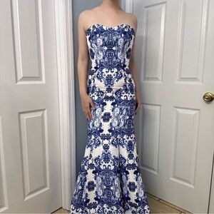 Terani Couture Dress Prom Strapless Floral Blue Mermaid Fitted 2 Extra Small